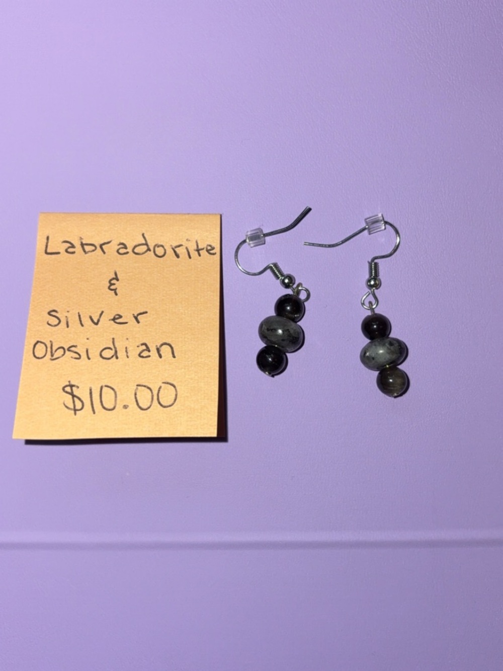 Labradorite and Silver Obsidian Bead Drop Earrings - Black & Gray